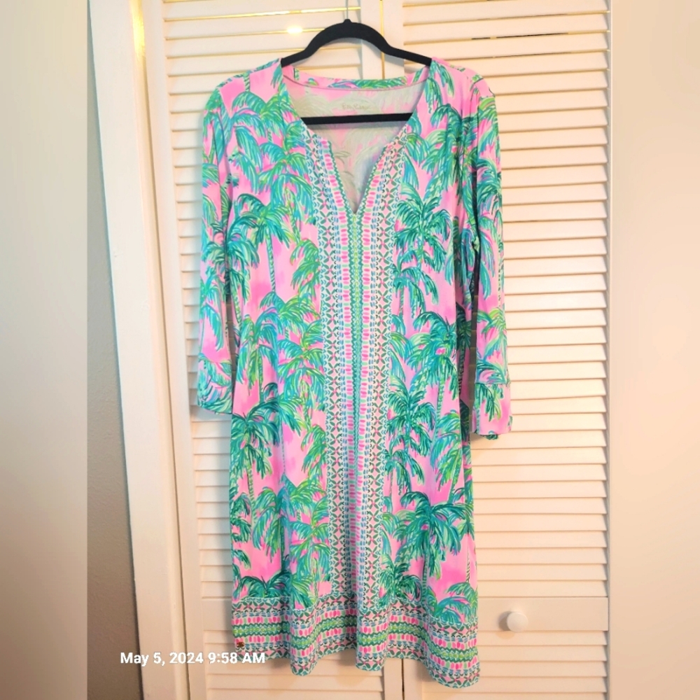 NADINE PALM TREE UPF 50+ SHIFT DRESS IN PINK BLOSSOM SUITE VIEWS -XL